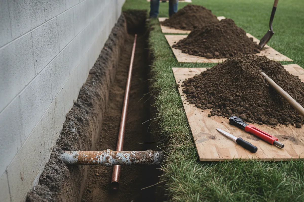 Excavated water line trench during Water Softener Installation in New Hampton